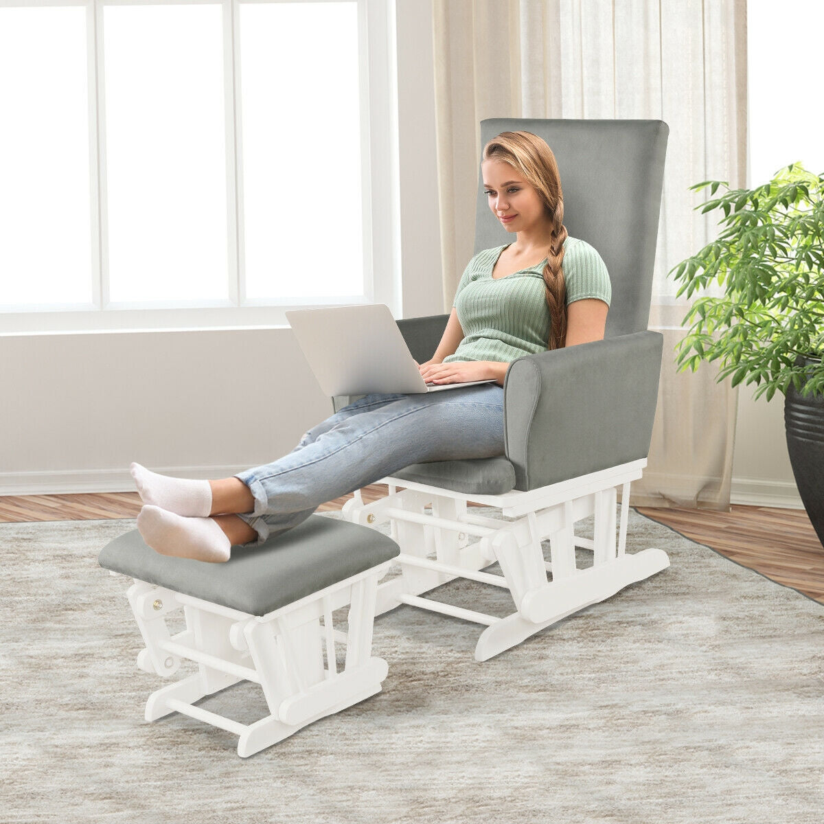 Baby Nursery Relax Rocker Rocking Chair Glider and Ottoman Cushion Set-Gray