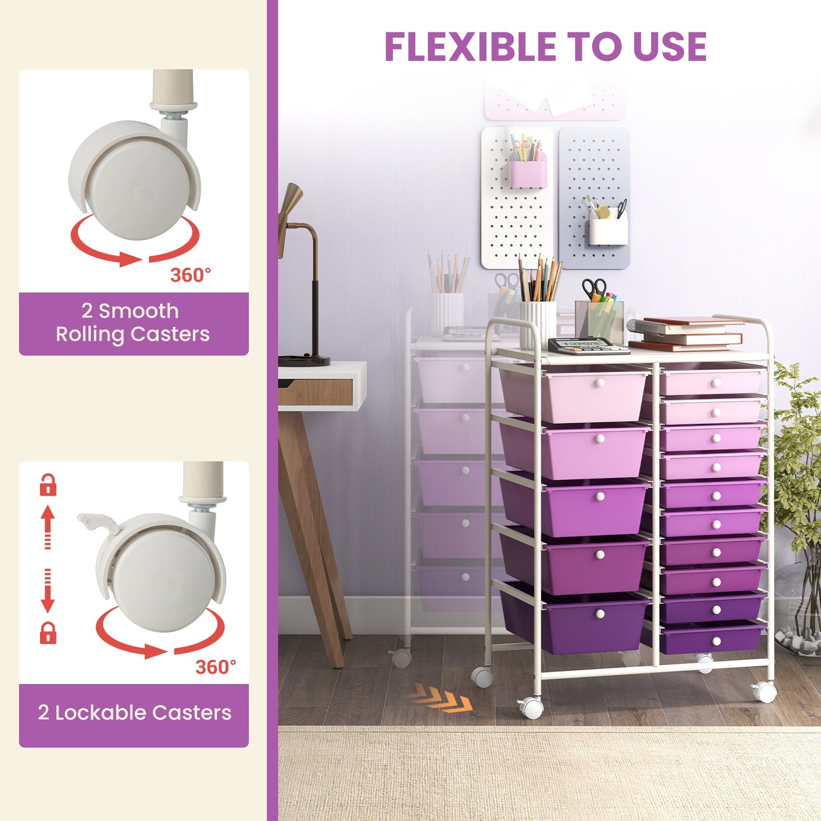 15-Drawer Utility Rolling Organizer Cart Multi-Use Storage-Purple