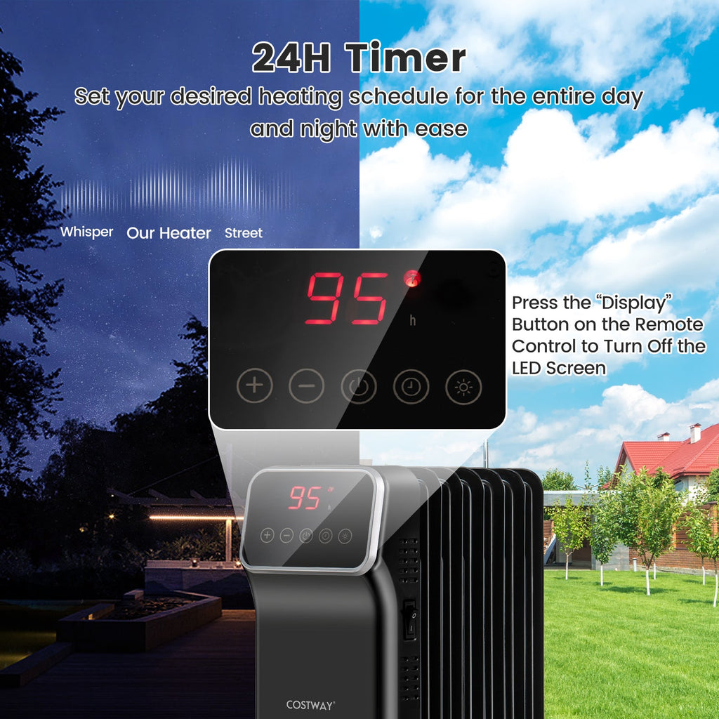 1500W Oil Filled Radiator Heater with Remote Control 3 Modes 24H Timer-Black