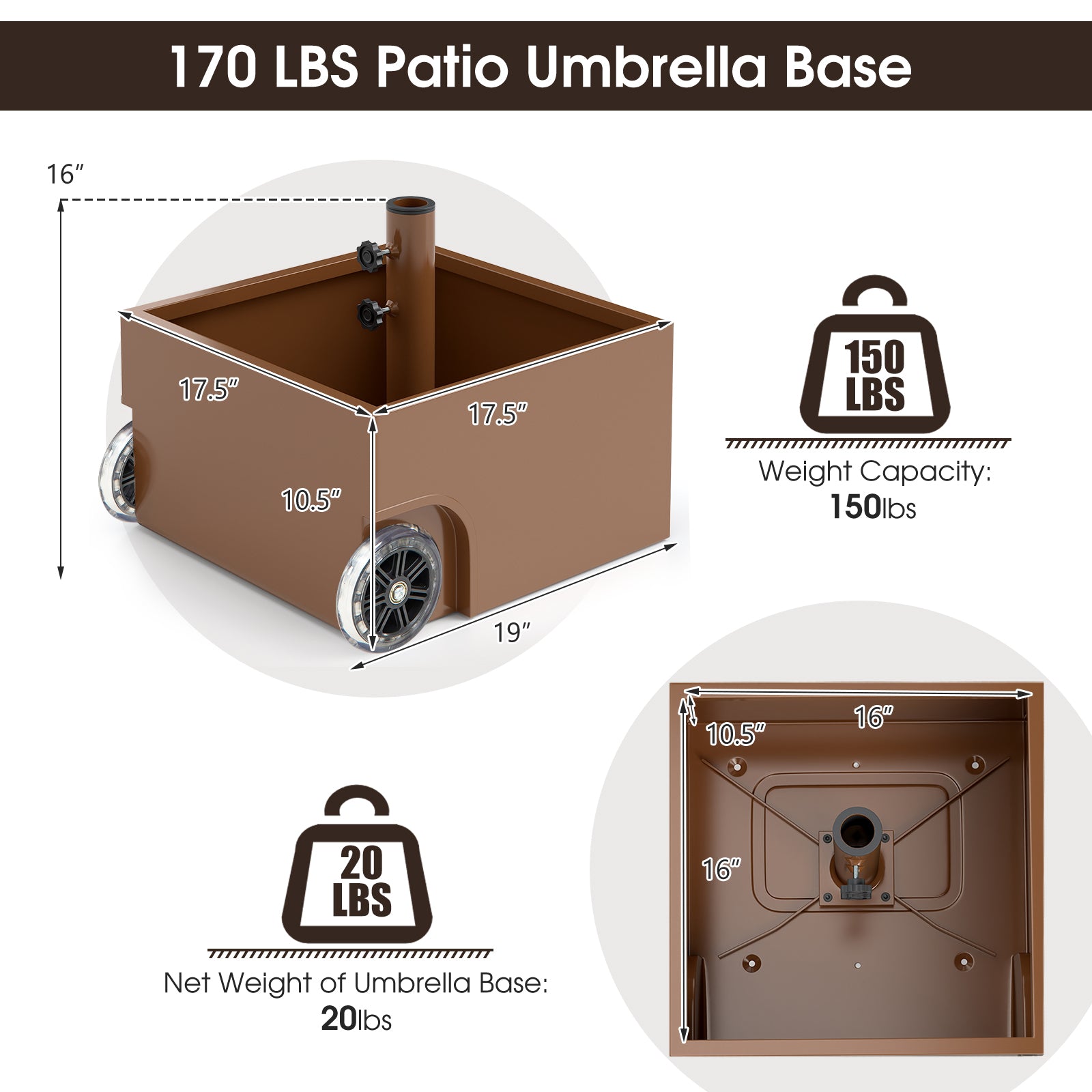 150 Pounds Patio Umbrella Base Stand Wheels Planter Outdoor-Coffee
