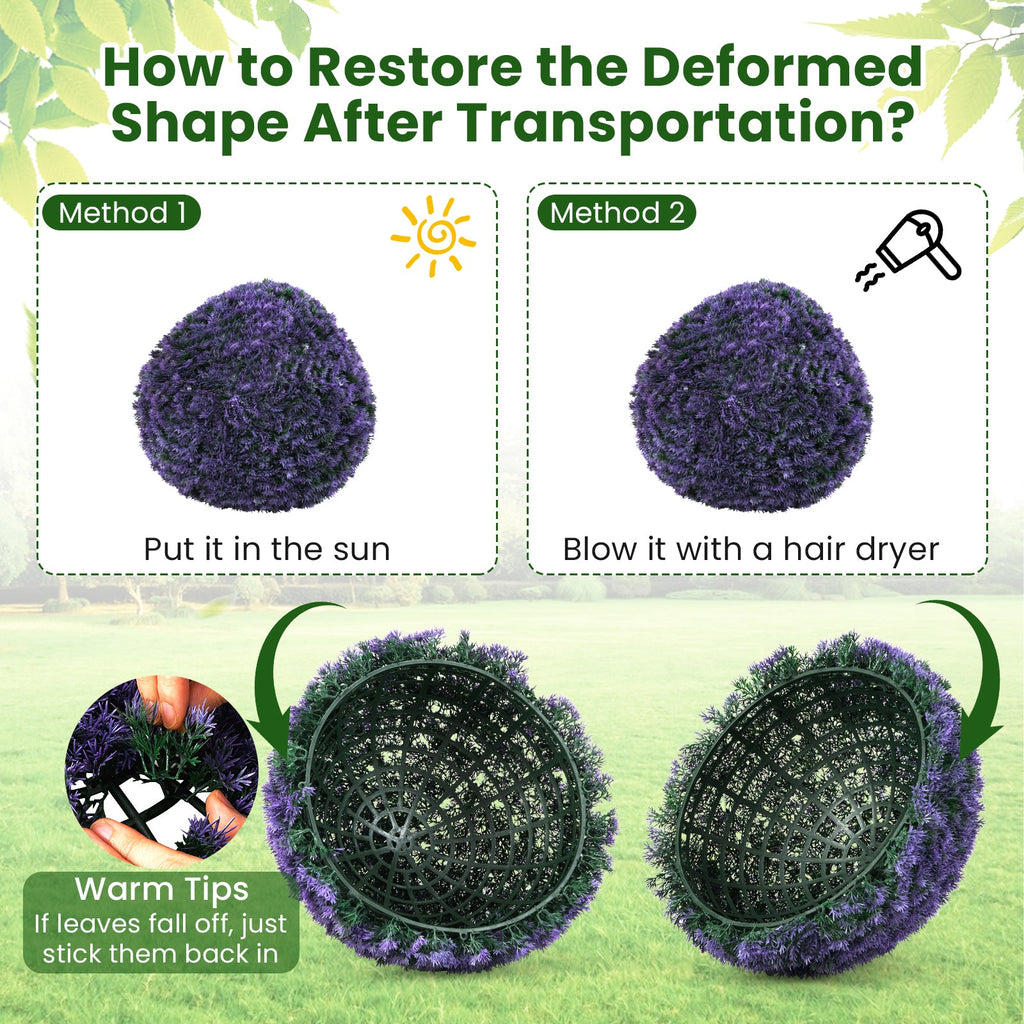 15 Inch Round Artificial Plant Boxwood Topiary Balls Set of 2 for Indoor Outdoor-Purple