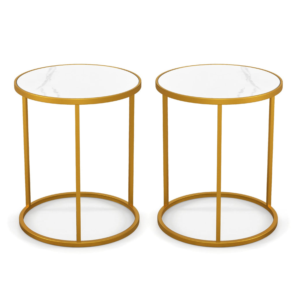 16 Inch Marble Top Round Side Table with Golden Metal Frame for Living Room Bedroom-Set of 2