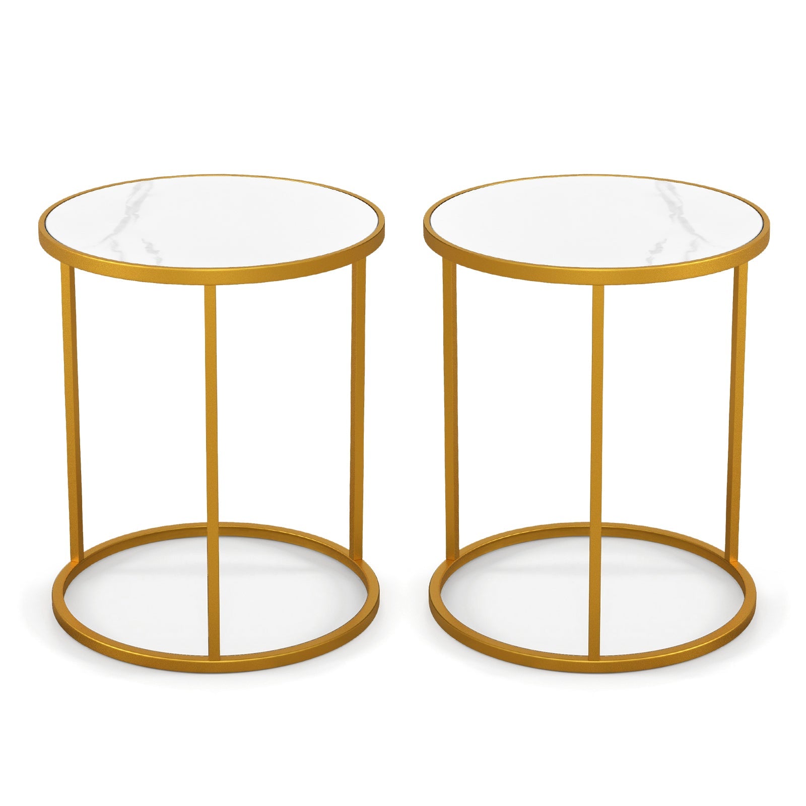 16 Inch Marble Top Round Side Table with Golden Metal Frame for Living Room Bedroom-Set of 2