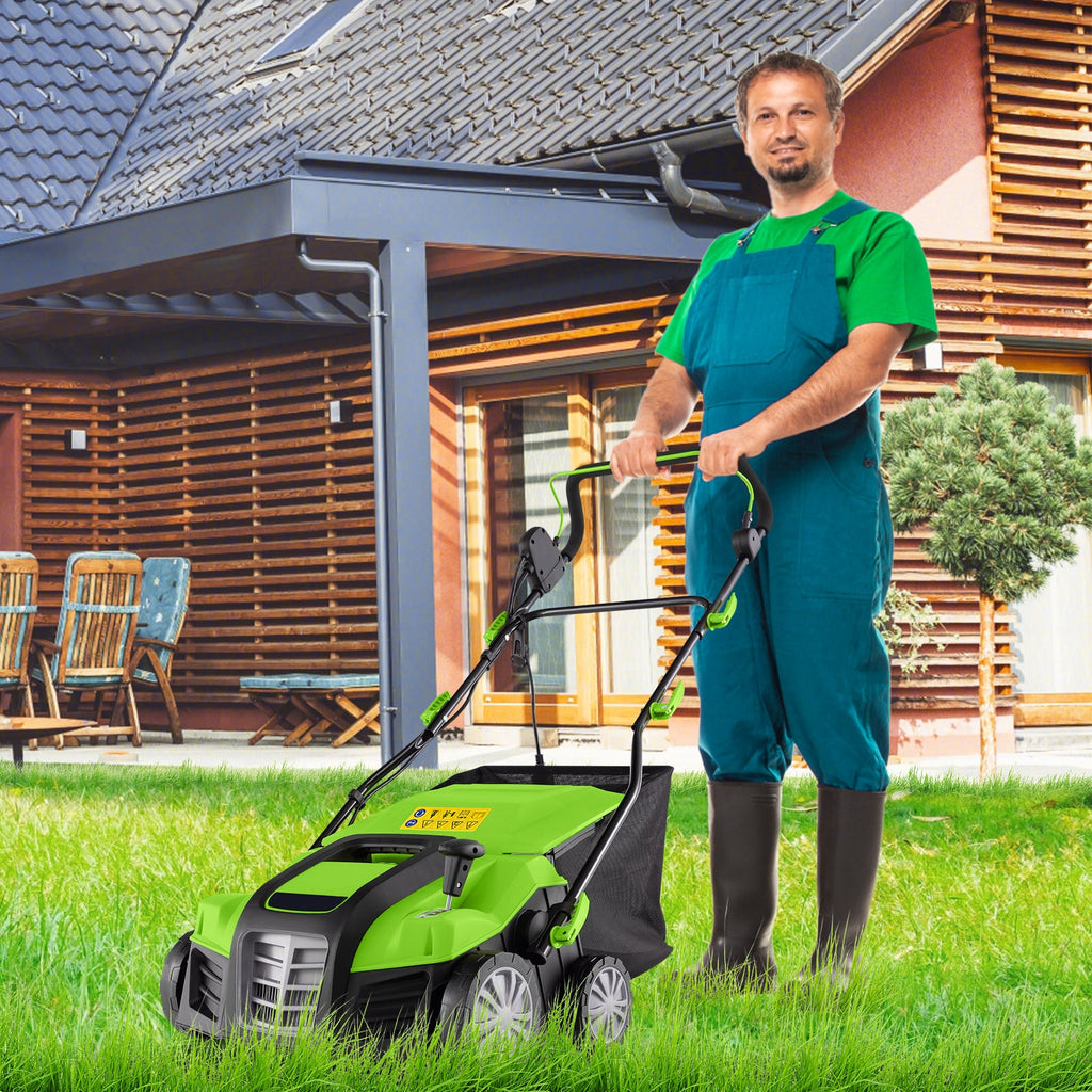 16-Inch Electric Lawn Dethatcher and Scarifier with Collection Bag-Green