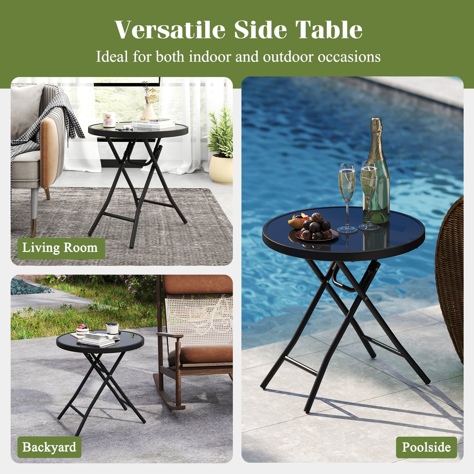 18 Inch Folding Side Table Patio Round Compact Coffee Table-Black