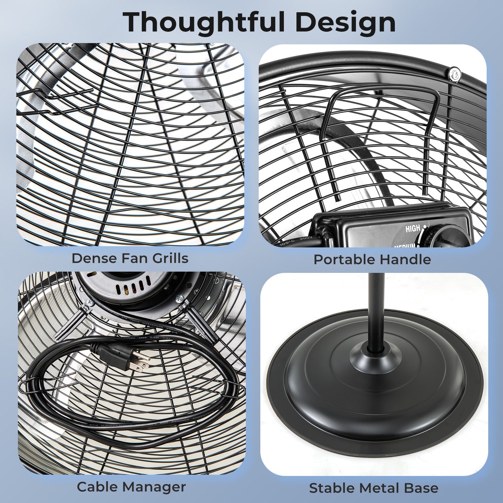 20 Inches High Velocity Pedestal Fan with 3 Speeds and Adjustable Height-Black