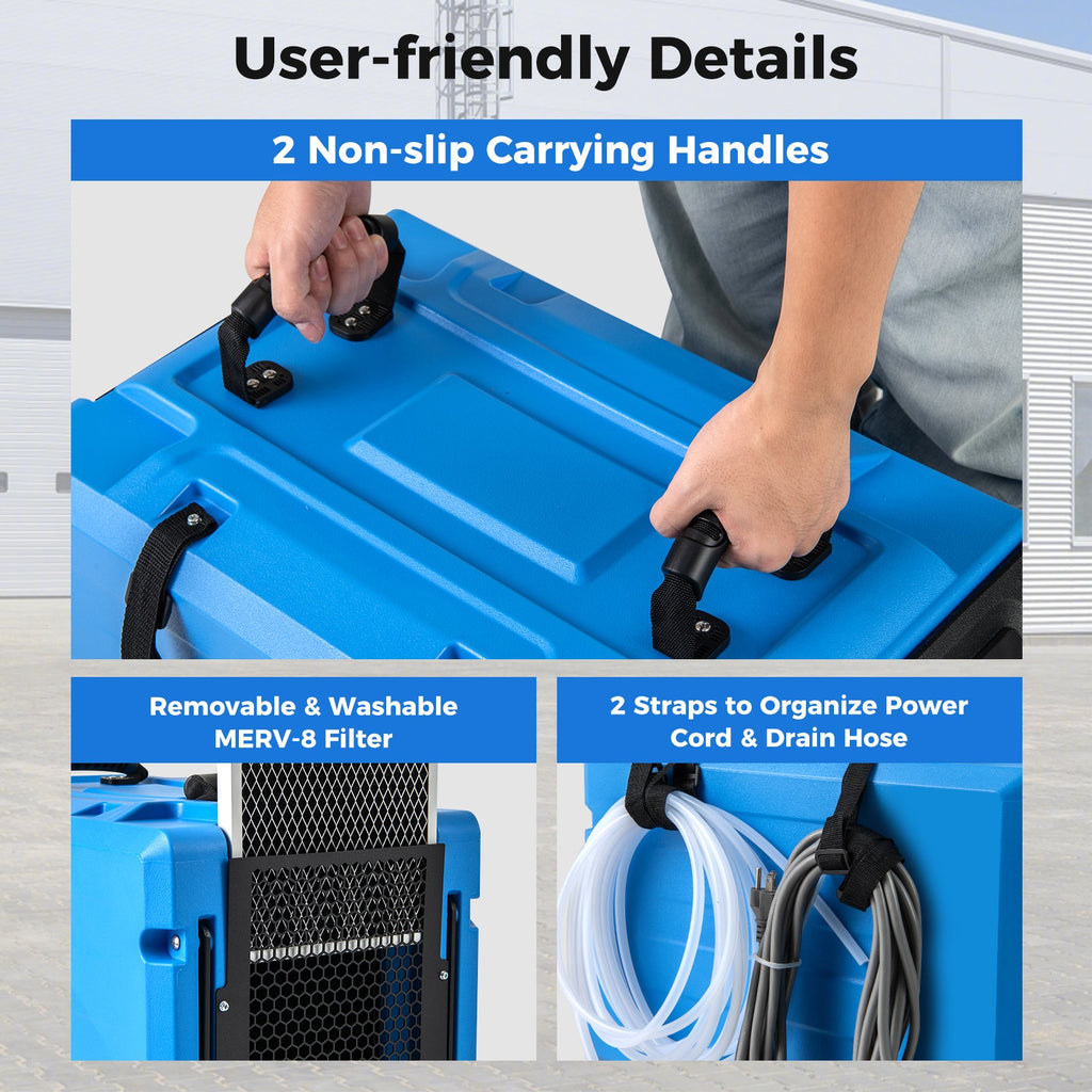190 PPD Commercial Dehumidifier with Pump and 2 Wheels-Blue