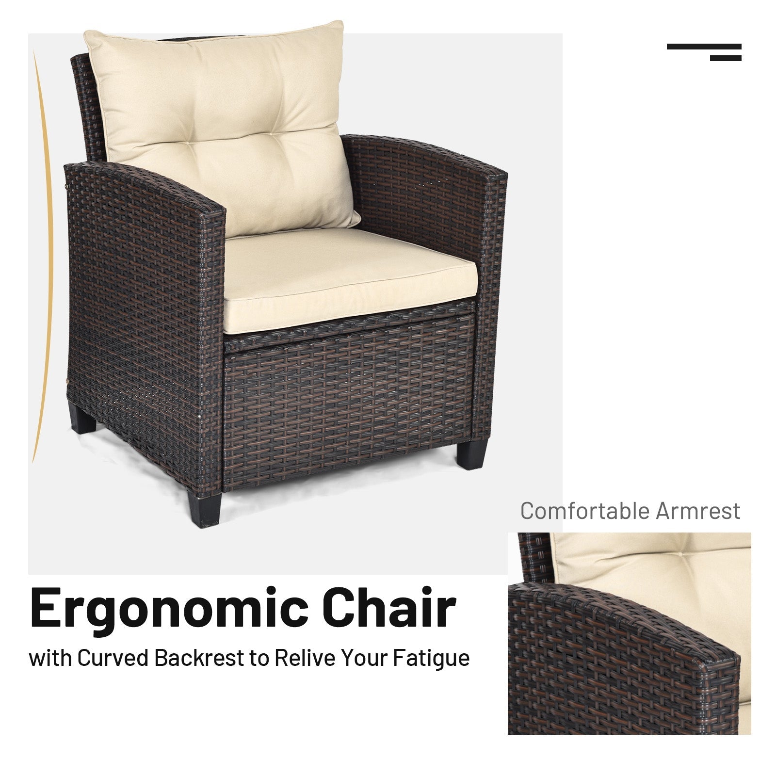 3 Pcs Patio Rattan Furniture Set Cushioned Conversation Set Coffee Table-Beige