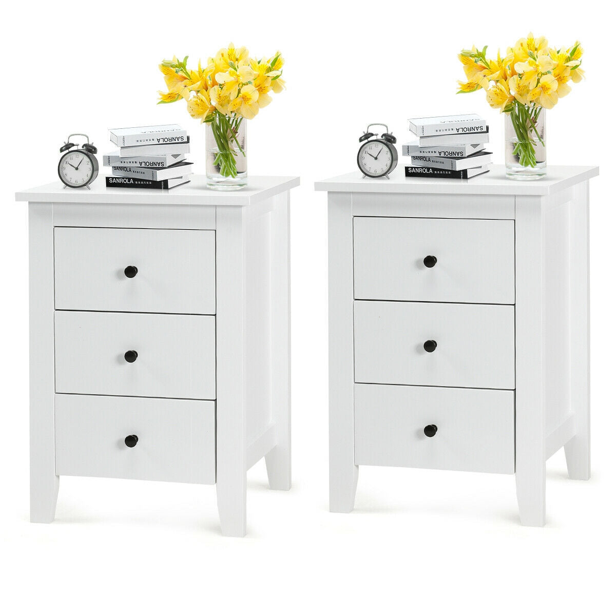 Set of 2 Nightstand End Beside Table Drawers-White