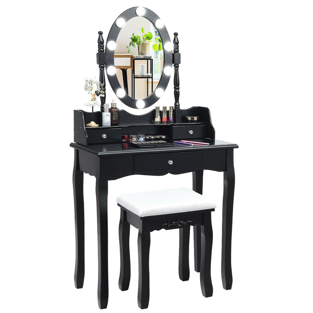 Oval Mirror Vanity Set  with 10 LED Dimmable Bulbs and 3 Drawers-Black