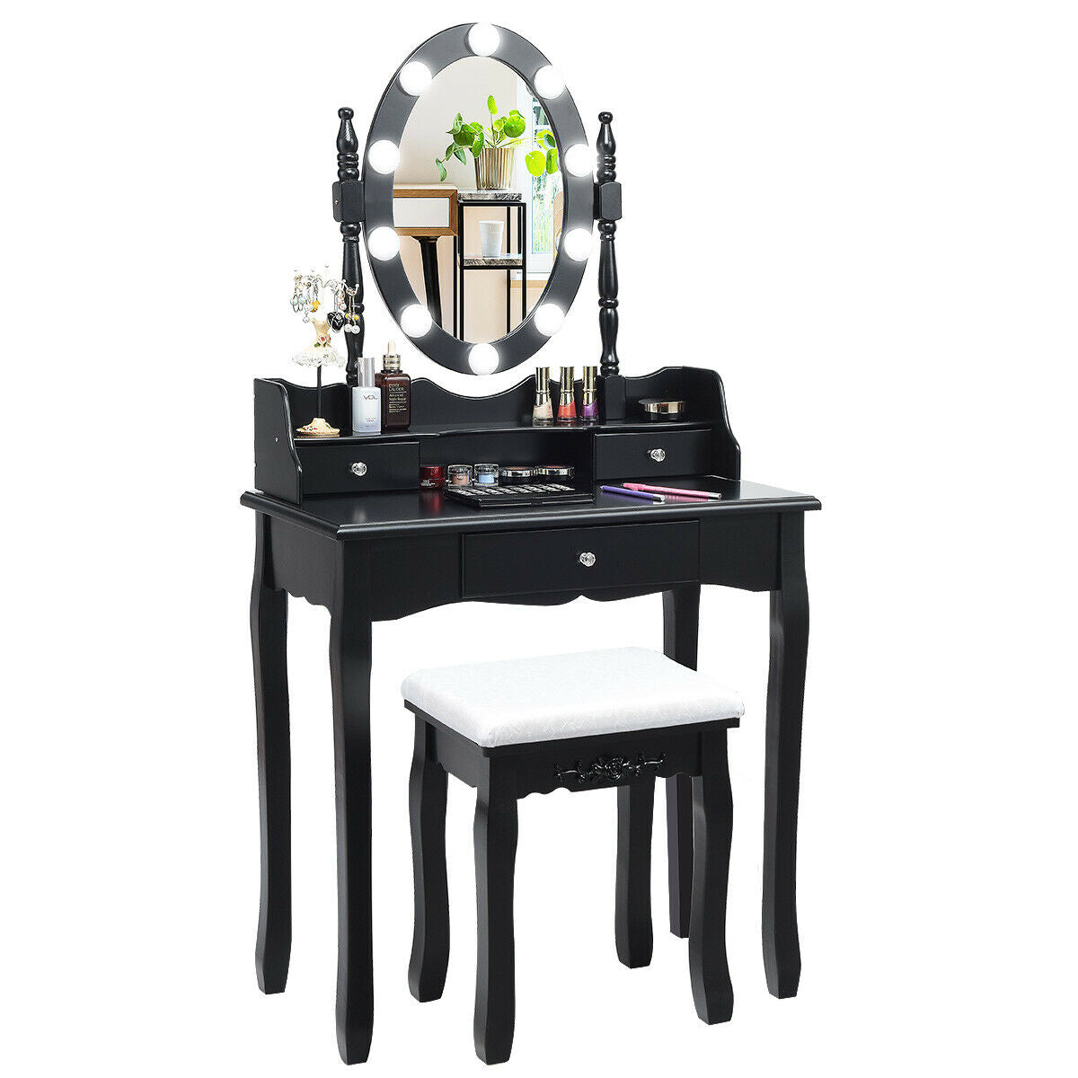 Oval Mirror Vanity Set  with 10 LED Dimmable Bulbs and 3 Drawers-Black