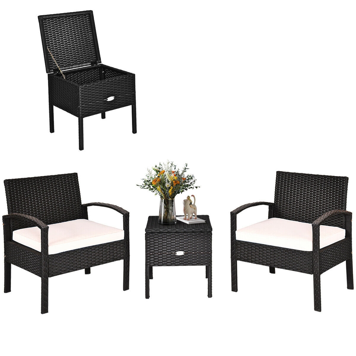 3 Piece PE Rattan Wicker Sofa Set with Washable and Removable Cushion for Patio-White