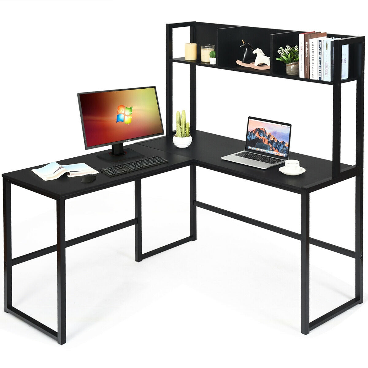 Reversible L-Shaped Corner Desk with Storage Bookshelf-Black
