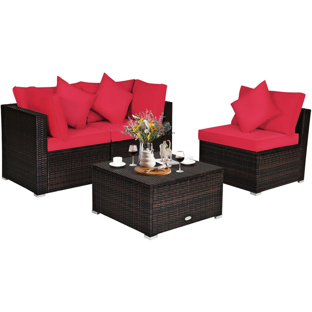 4 Pcs Ottoman Garden Deck Patio Rattan Wicker Furniture Set Cushioned Sofa-Red