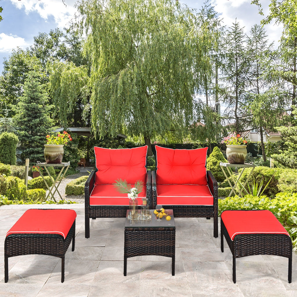 5 Pieces Patio Rattan Sofa Ottoman Furniture Set with Cushions-Red