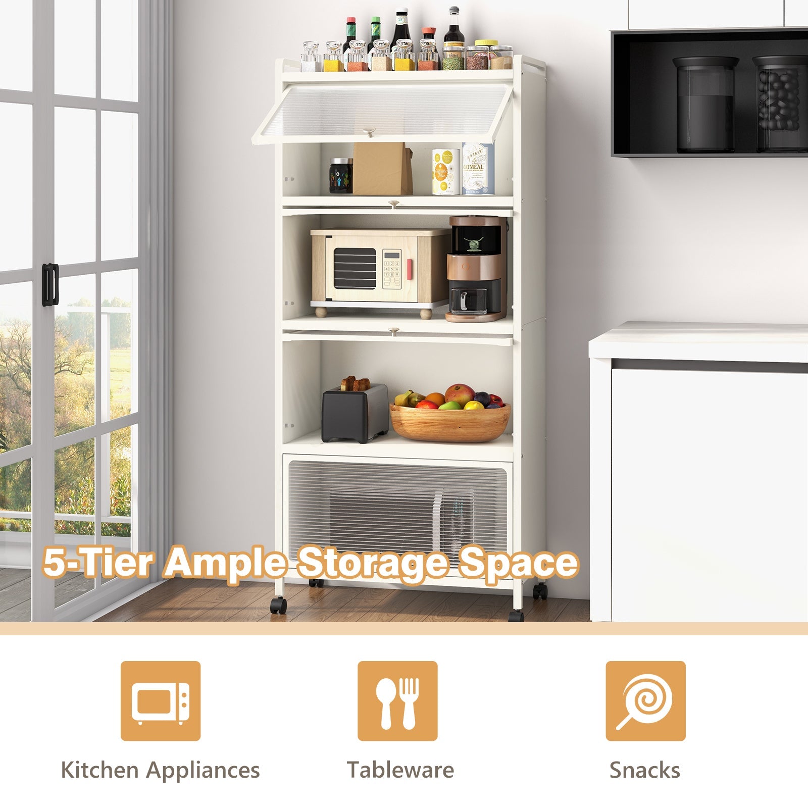 5-Tier Kitchen Baker's Rack with Flip-up PC Doors-White