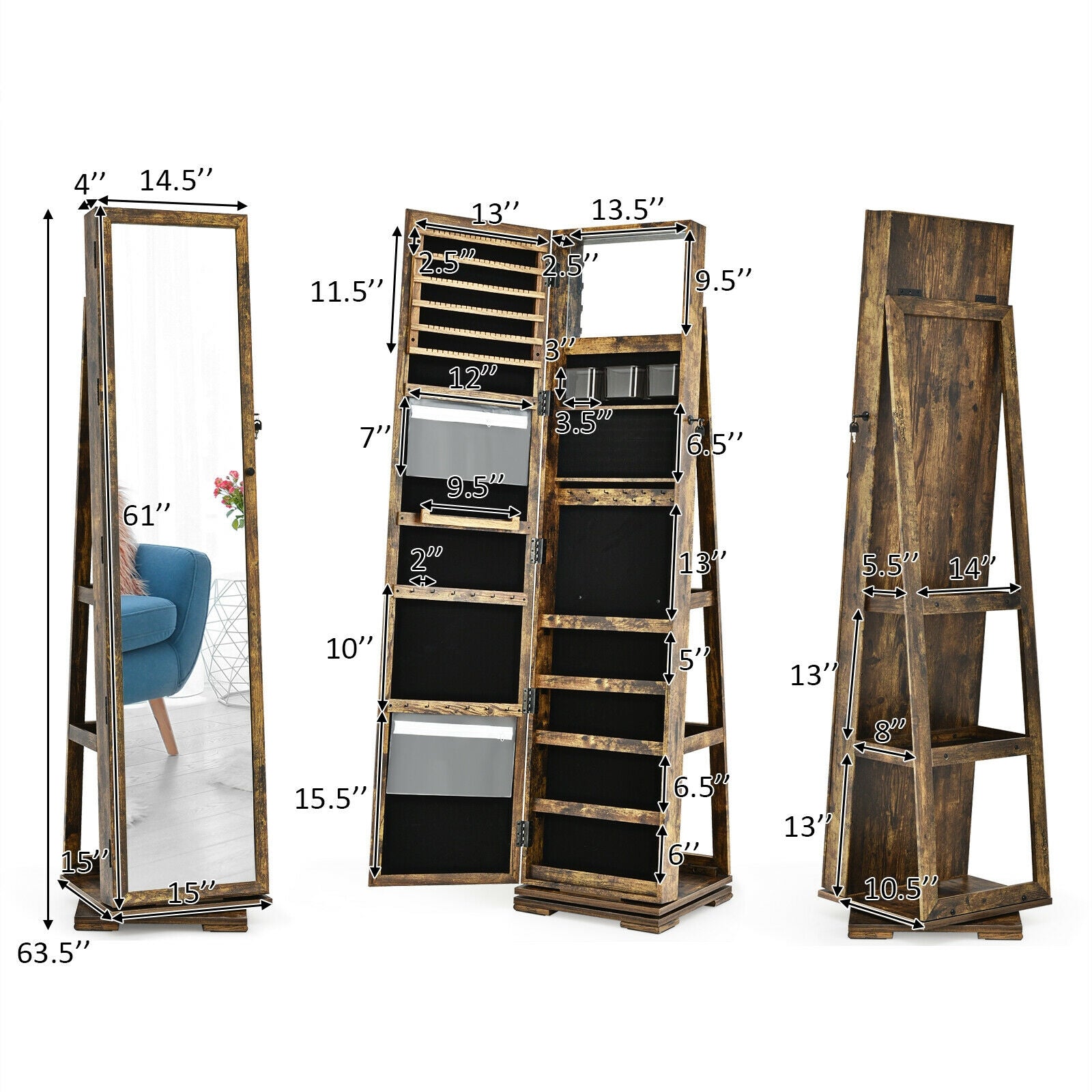 360° Rotatable 2-in-1 Lockable Jewelry Cabinet with Full-Length Mirror-Rustic Brown