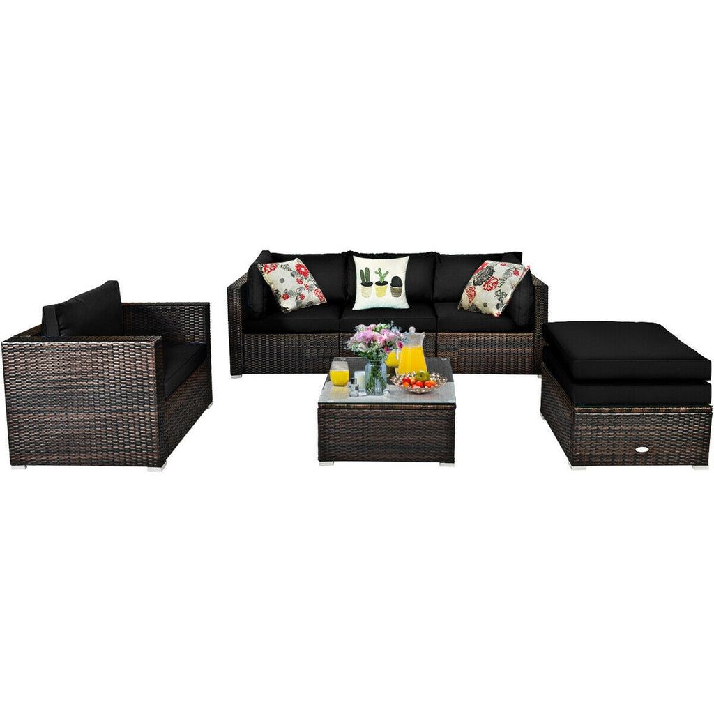 6 Pcs Patio Rattan Furniture Set with Sectional Cushion-Black