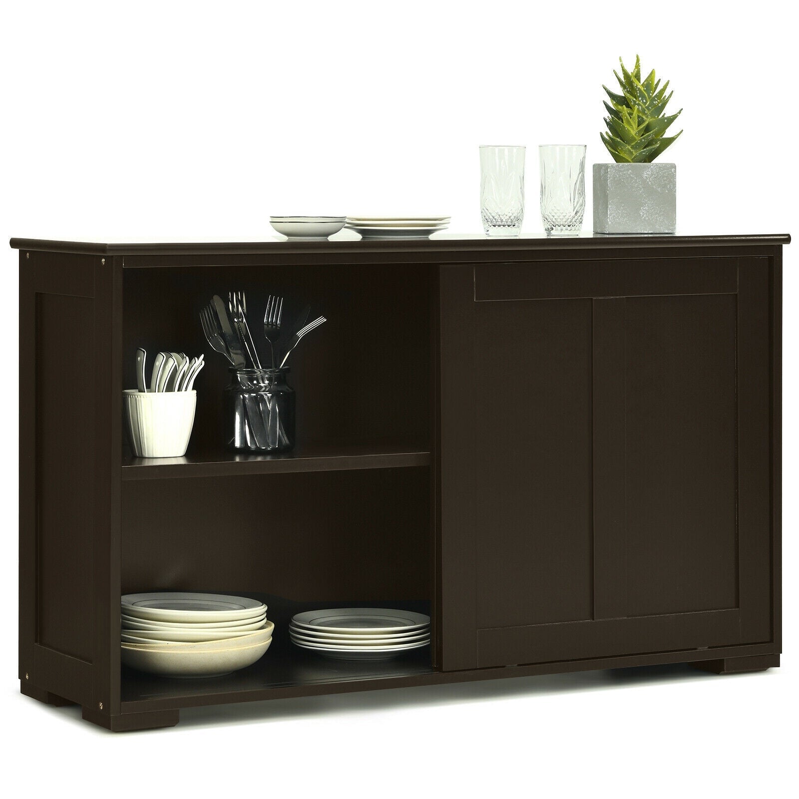 Kitchen Storage Cabinet with Wood Sliding Door-Brown