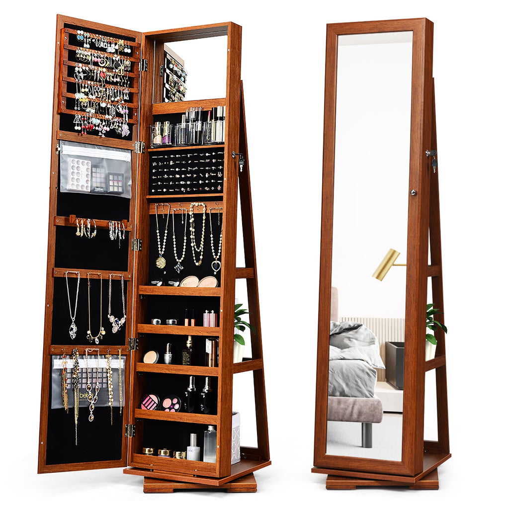 360° Rotatable 2-in-1 Lockable Jewelry Cabinet with Full-Length Mirror-Brown