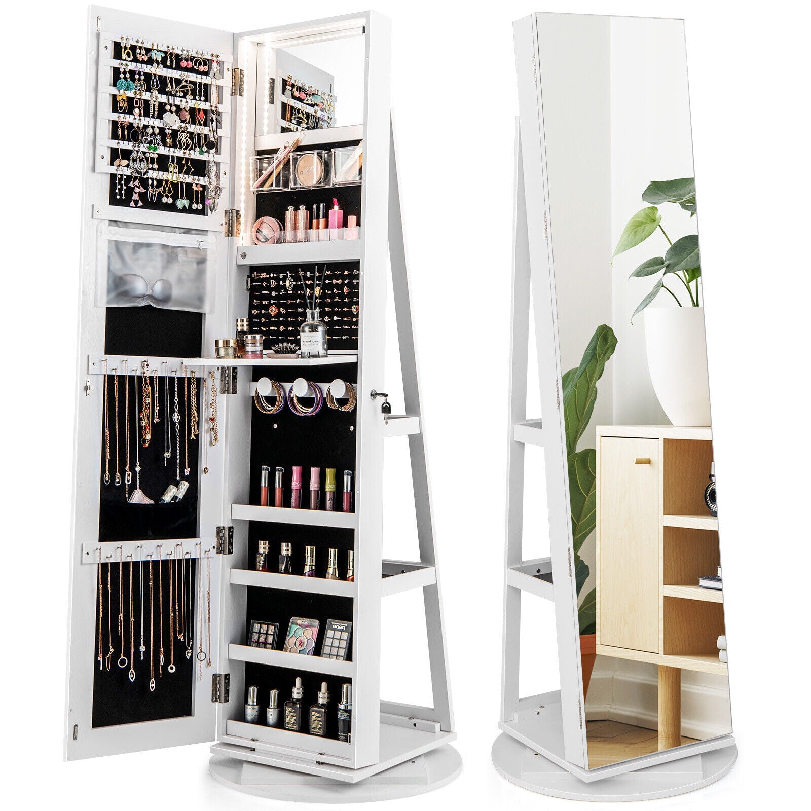 360° Rotating Mirrored Jewelry Cabinet Armoire 3 Color LED Modes Lockable-White