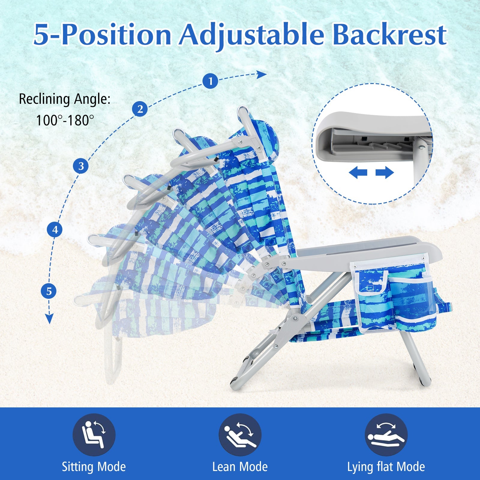 1 Piece Foldable Backpack Beach Chair with Cup Holder and Storage Pockets for Outdoor-Navy