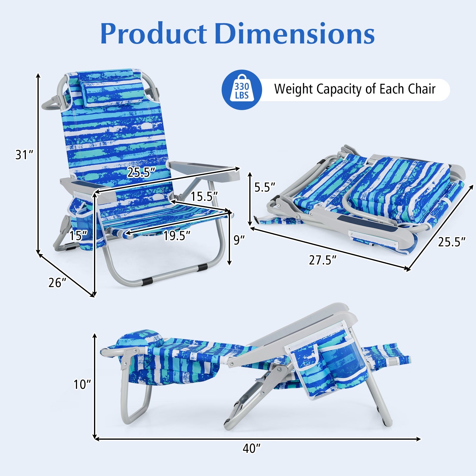 1 Piece Foldable Backpack Beach Chair with Cup Holder and Storage Pockets for Outdoor-Navy