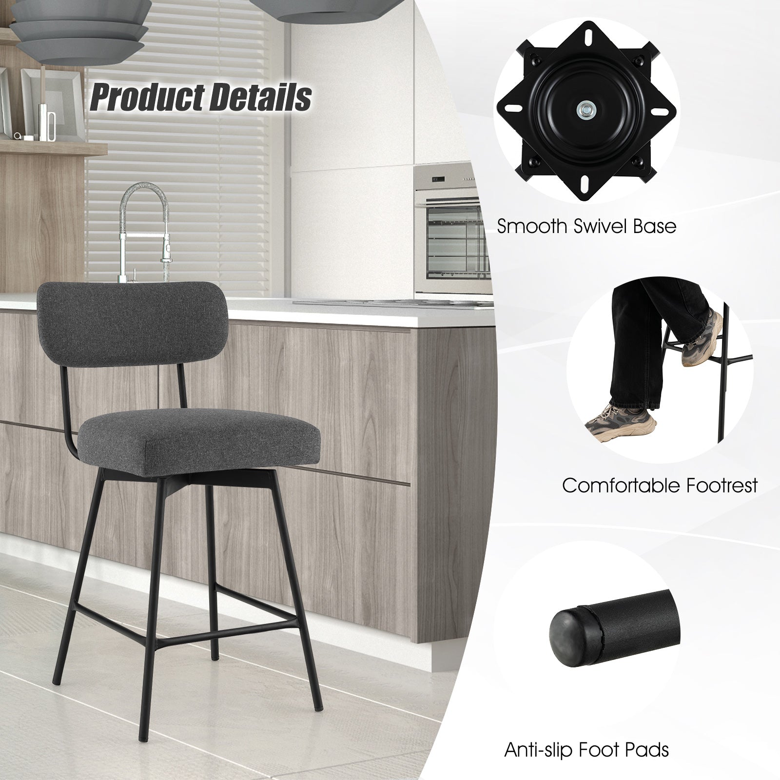 25 Inch 2-Piece Modern Upholstered Bar Stools with Back and Footrests-Gray