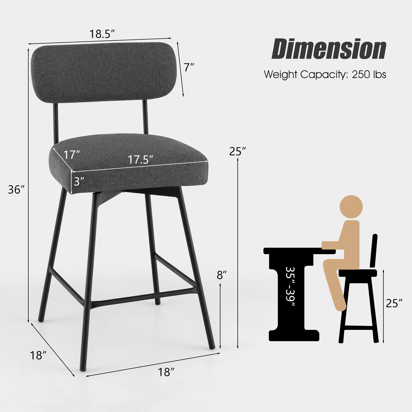 25 Inch 2-Piece Modern Upholstered Bar Stools with Back and Footrests-Gray