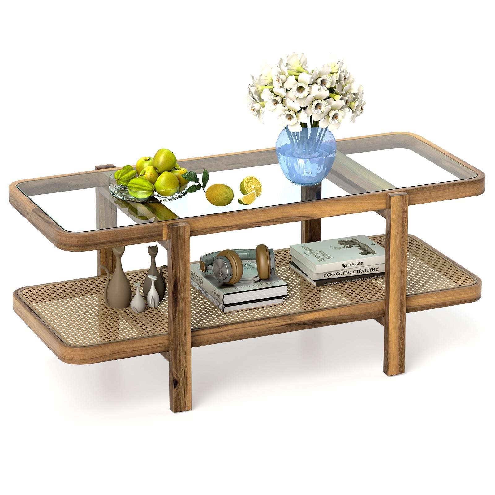 2-Tier Coffee Table with Storage and Tempered Glass Tabletop-Brown