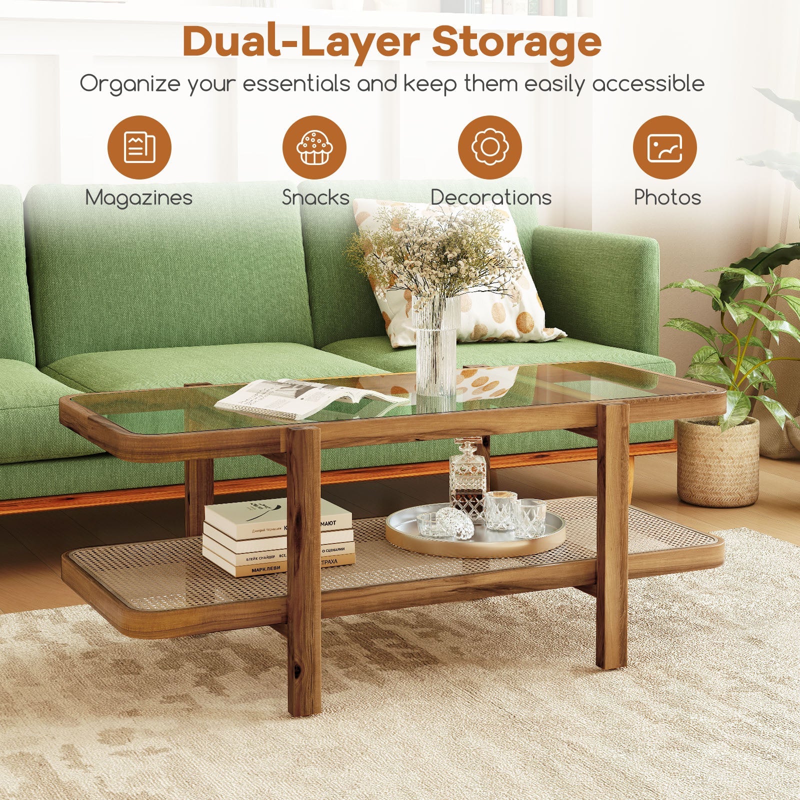 2-Tier Coffee Table with Storage and Tempered Glass Tabletop-Brown
