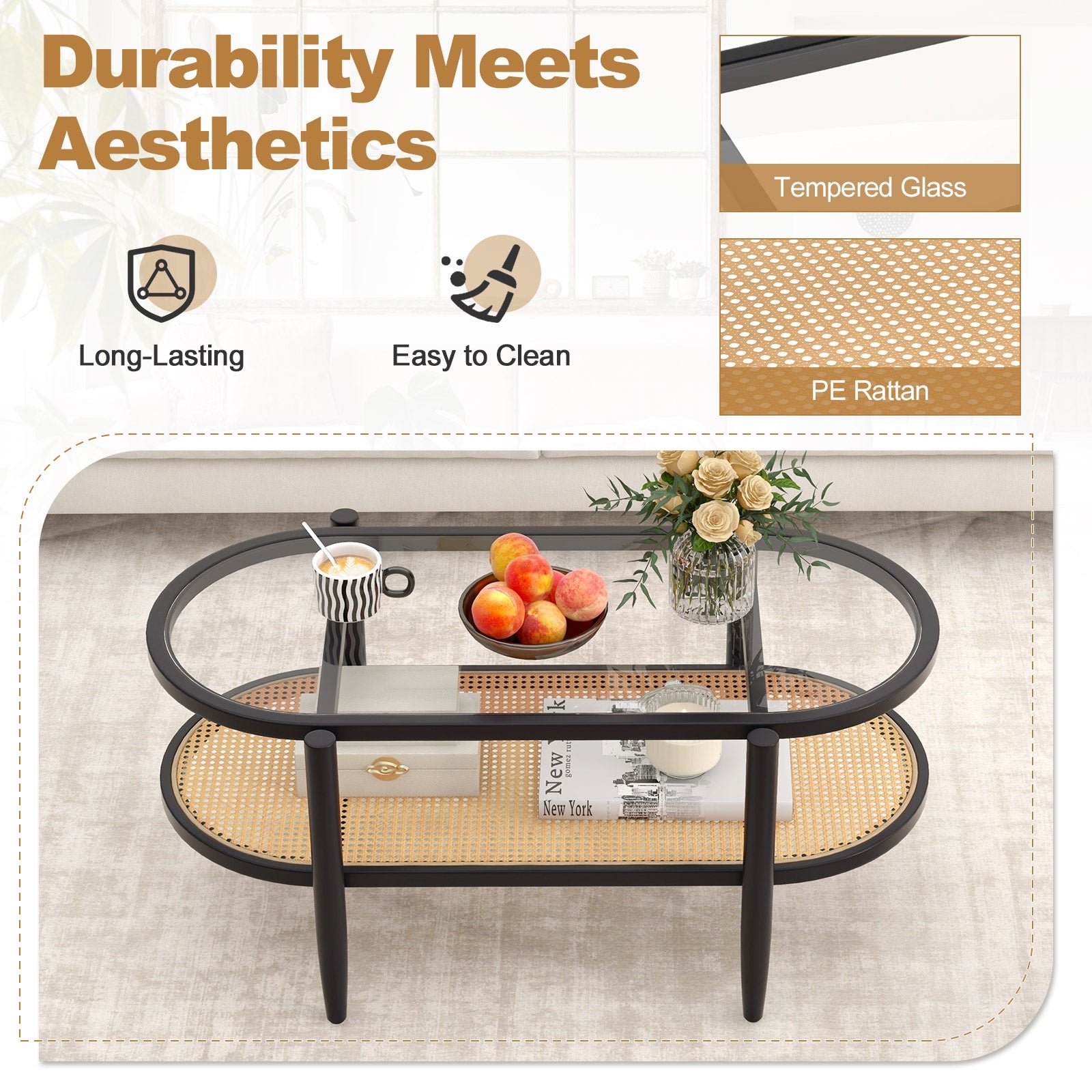 2-Tier Coffee Table with Tempered Glass Tabletop and Acacia Wood Frame-Black