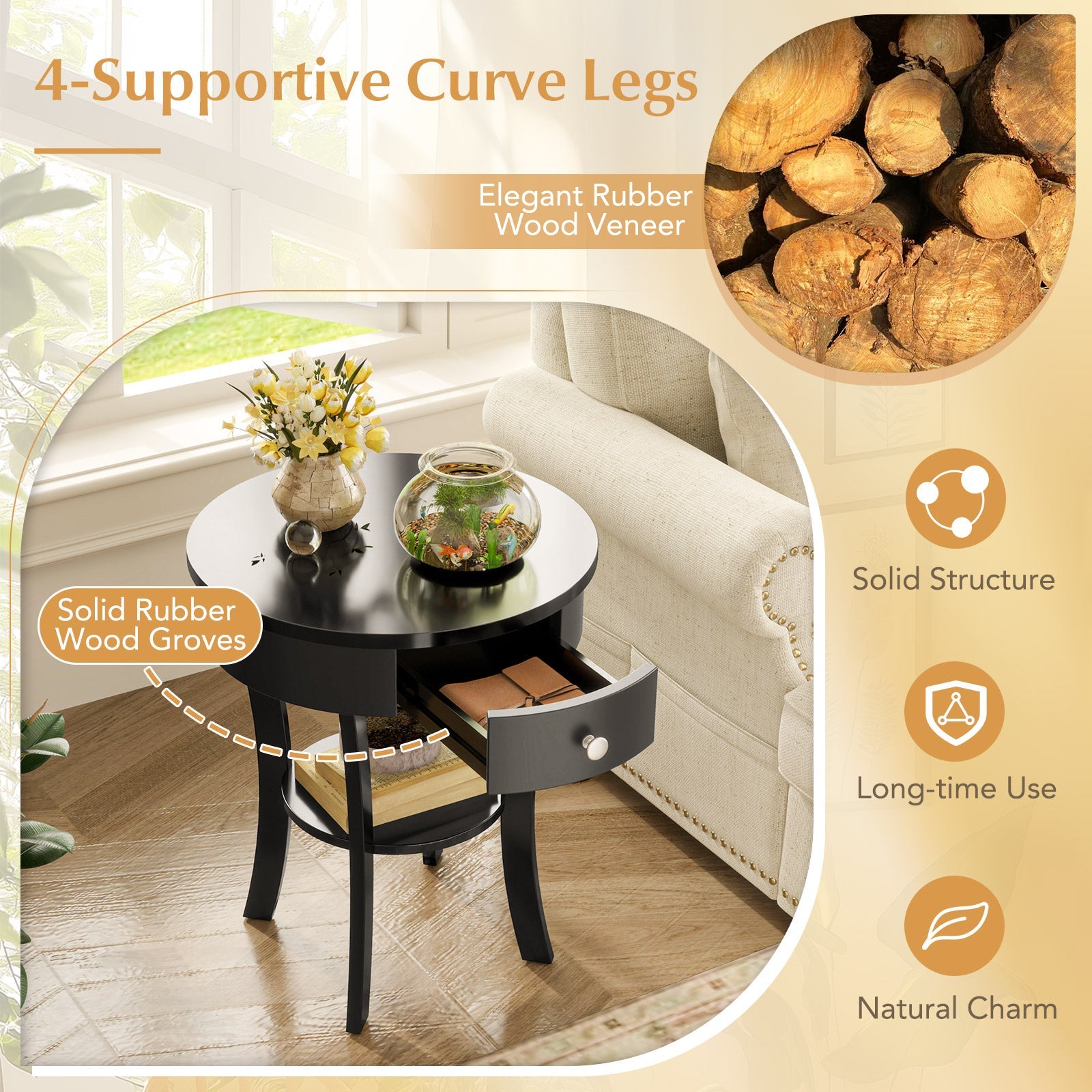 2-Tier Wood Round End Table with Open Drawer-Black