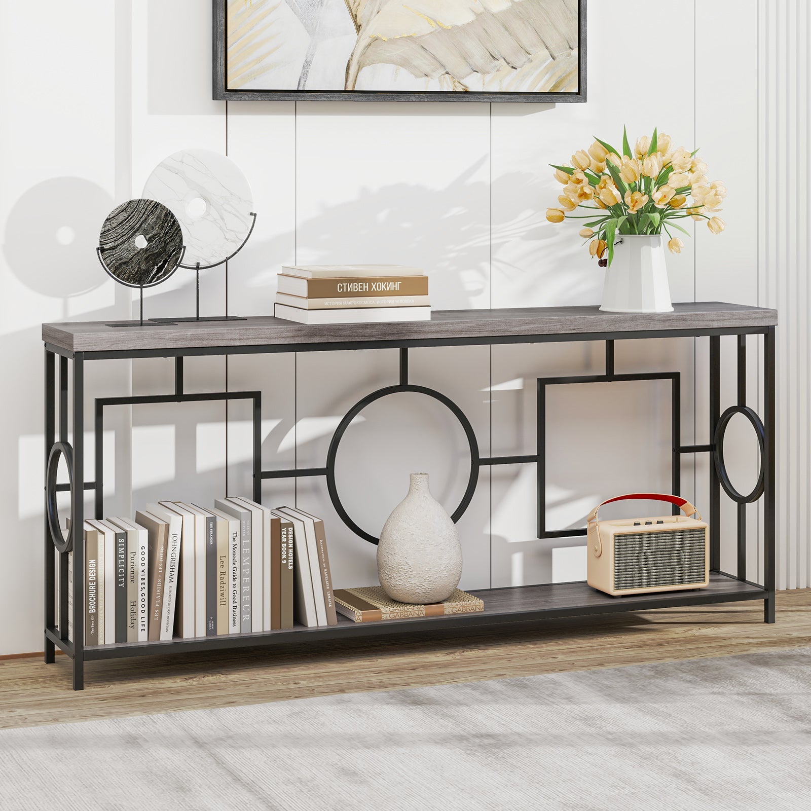 2-Tier Faux Marble Top Console Table with Storage Shelf for Hallway-Rustic Brown