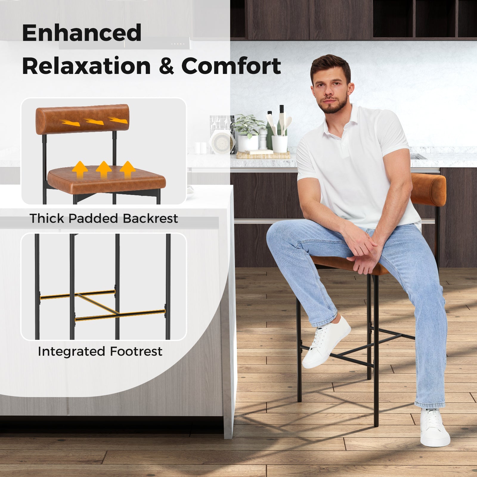 20 Inch Upholstered Bar Stools Set of 2 Counter Height Bar Chairs with  Backrest-Brown