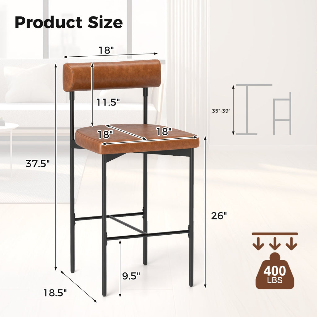 20 Inch Upholstered Bar Stools Set of 2 Counter Height Bar Chairs with  Backrest-Brown