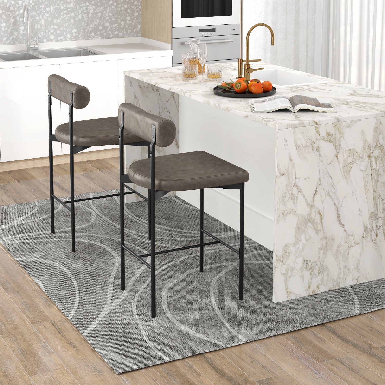 20 Inch Upholstered Bar Stools Set of 2 Counter Height Bar Chairs with  Backrest-Gray
