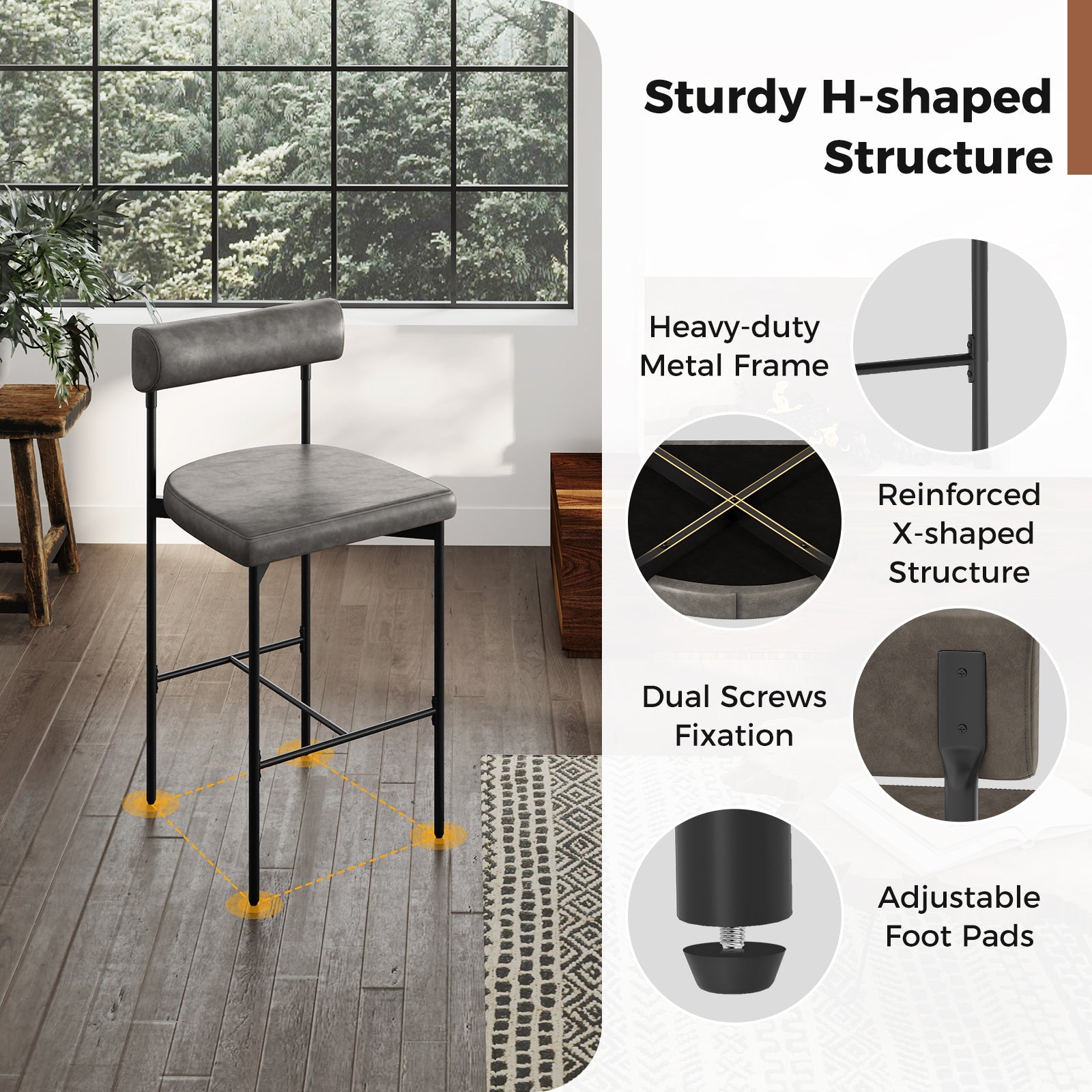 20 Inch Upholstered Bar Stools Set of 2 Counter Height Bar Chairs with  Backrest-Gray