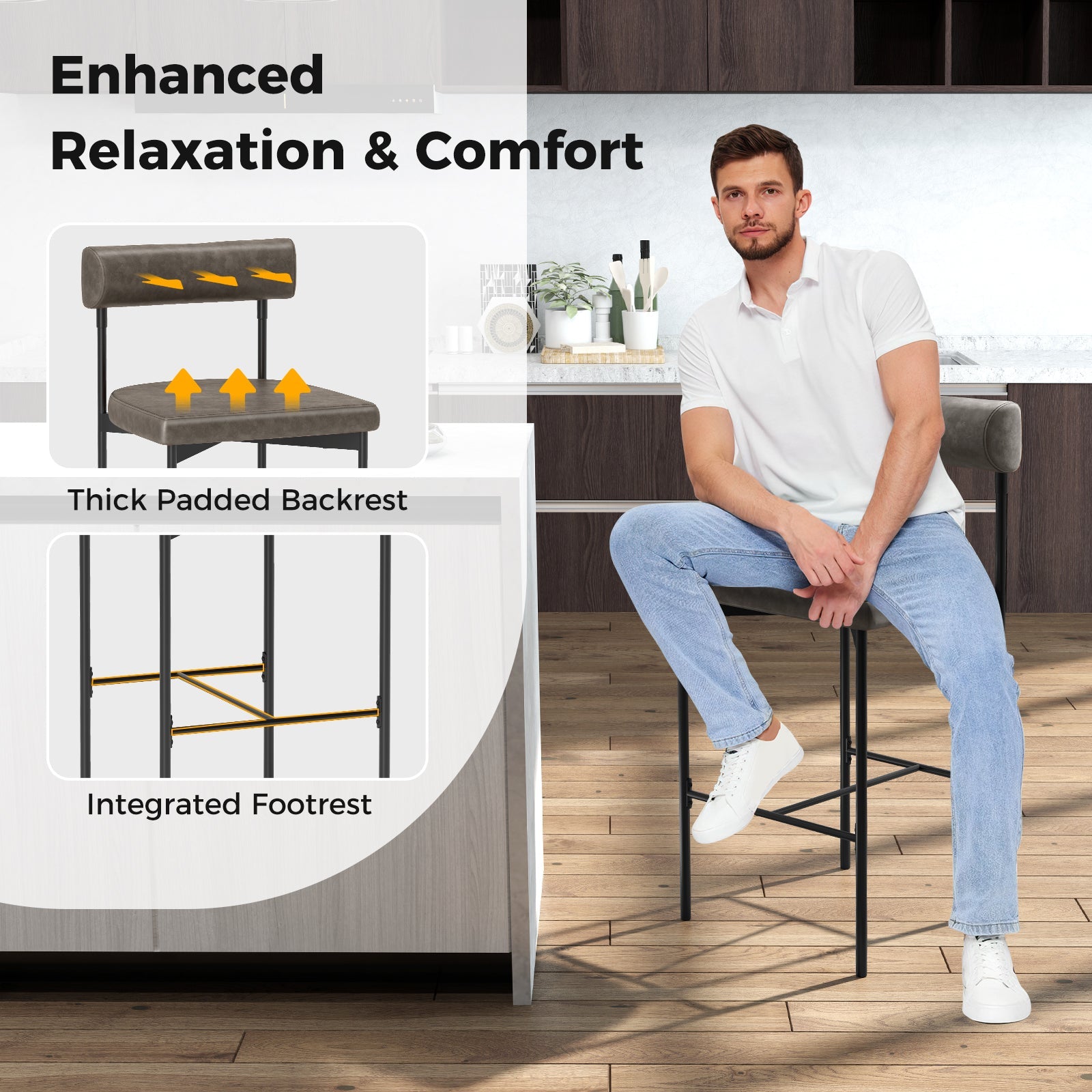 20 Inch Upholstered Bar Stools Set of 2 Counter Height Bar Chairs with  Backrest-Gray
