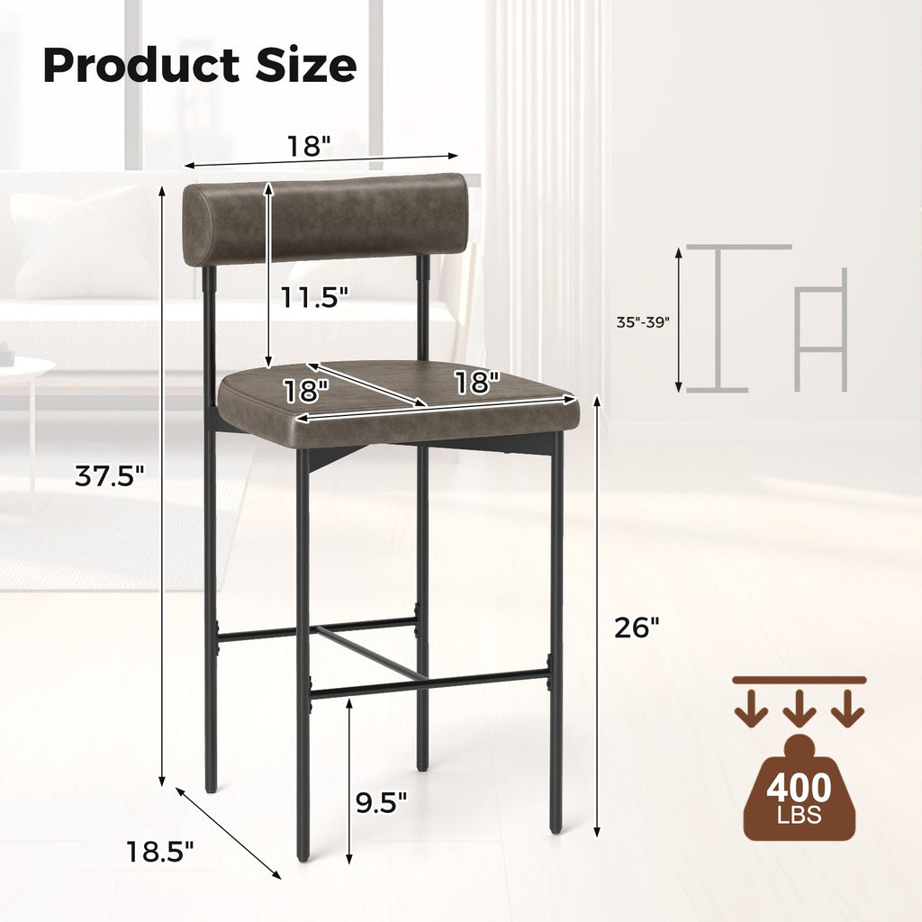 20 Inch Upholstered Bar Stools Set of 2 Counter Height Bar Chairs with  Backrest-Gray