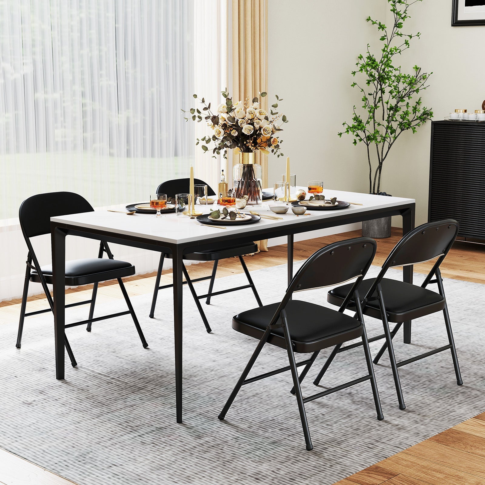 2 Pack Folding Chairs with Metal Frame and PVC Leather for Indoor Outdoor-Black