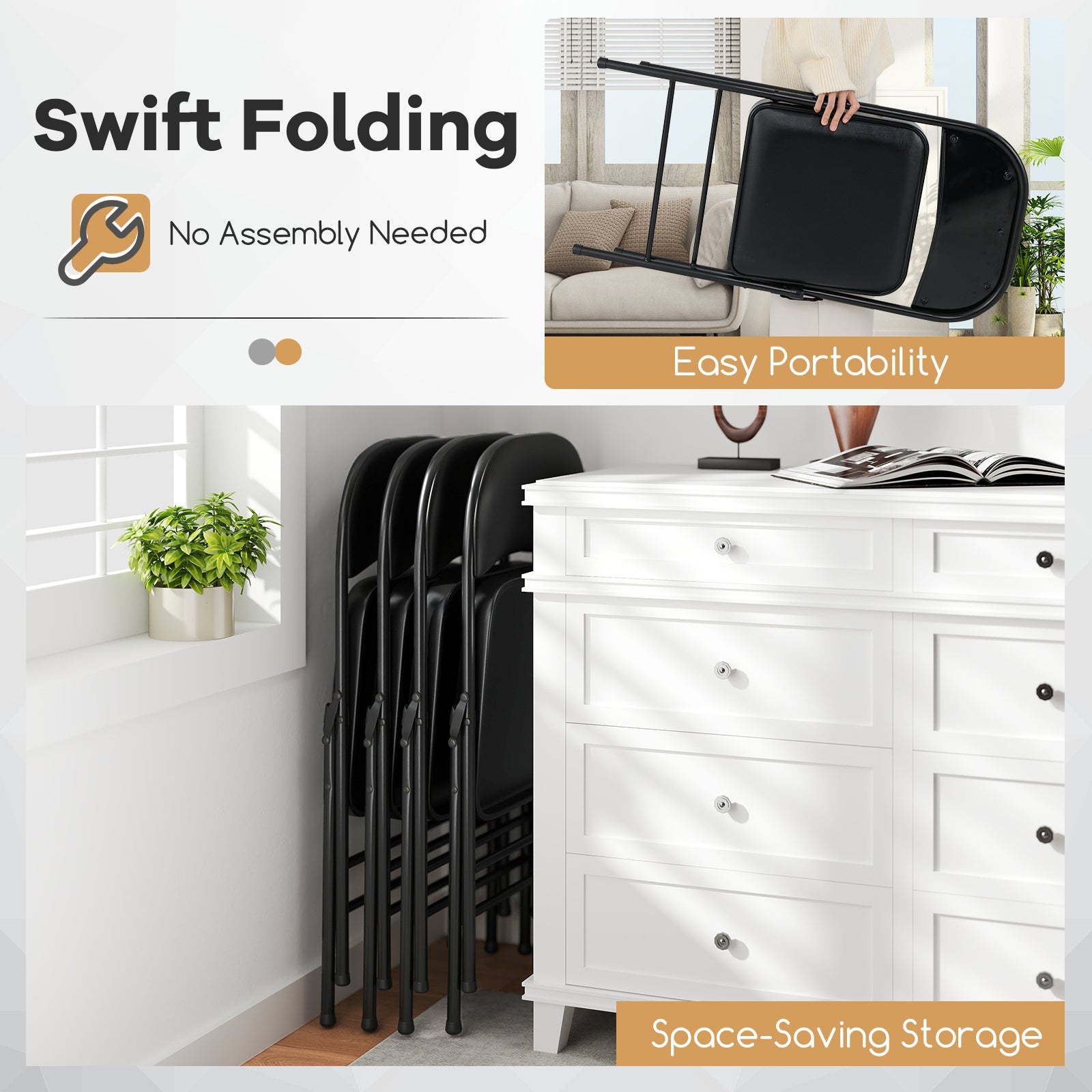 2 Pack Folding Chairs with Metal Frame and PVC Leather for Indoor Outdoor-Black