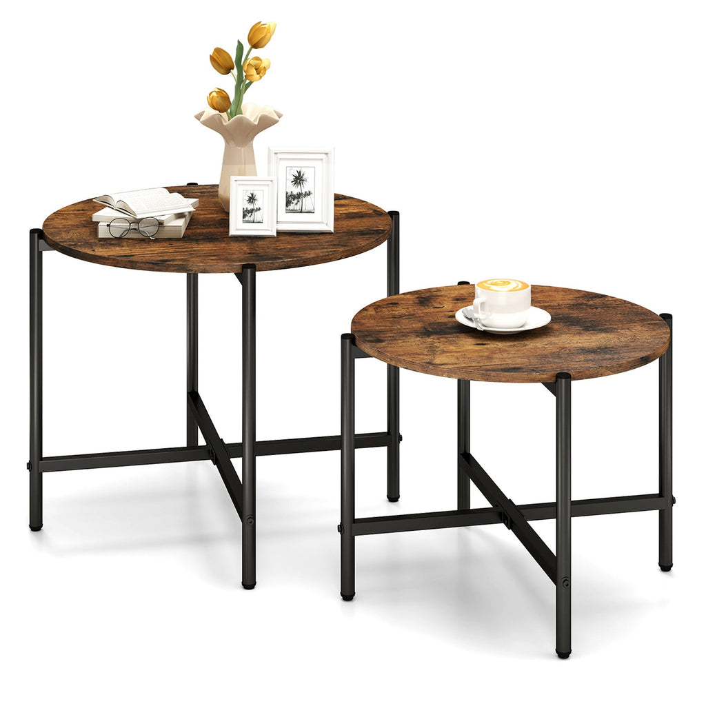 Round Coffee Table Set of 2 with Heavy-Duty Metal Frame-Rustic Brown