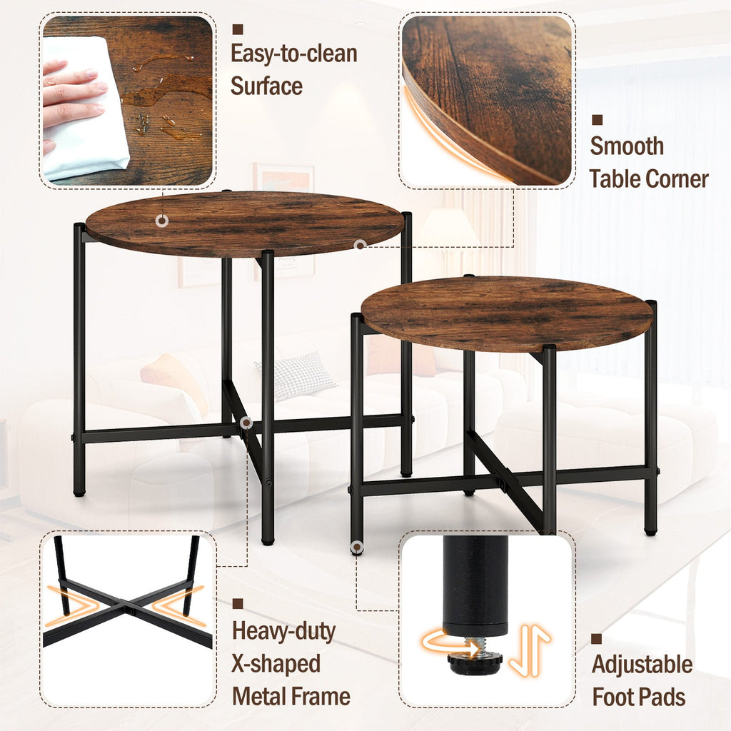 Round Coffee Table Set of 2 with Heavy-Duty Metal Frame-Rustic Brown