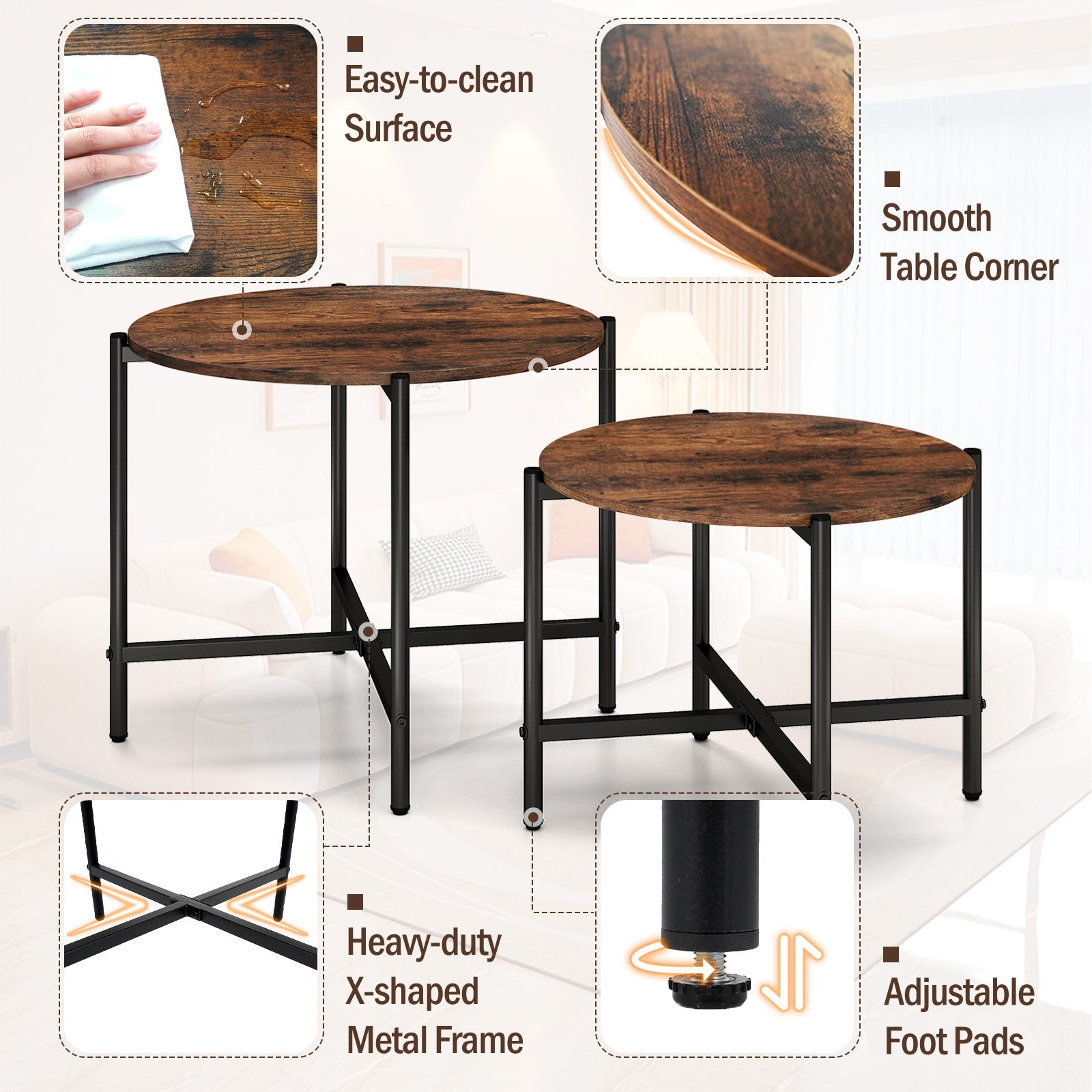 Round Coffee Table Set of 2 with Heavy-Duty Metal Frame-Rustic Brown