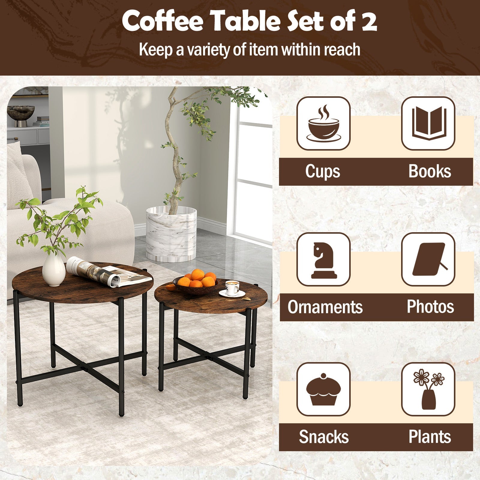 Round Coffee Table Set of 2 with Heavy-Duty Metal Frame-Rustic Brown