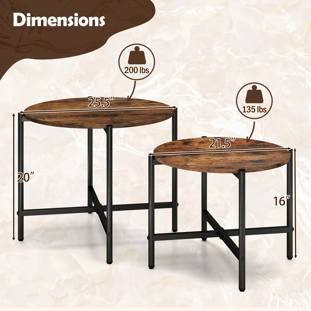 Round Coffee Table Set of 2 with Heavy-Duty Metal Frame-Rustic Brown