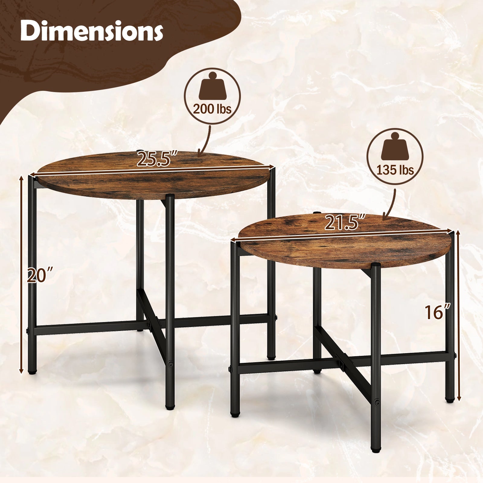 Round Coffee Table Set of 2 with Heavy-Duty Metal Frame-Rustic Brown
