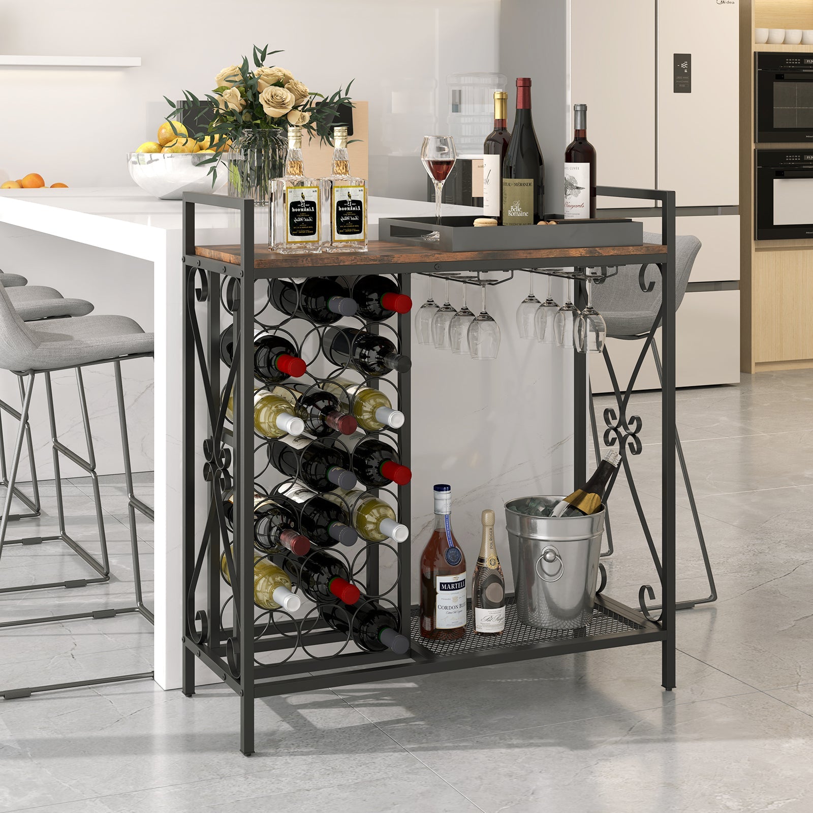 21 Bottle Wine Rack Freestanding Floor Wine Bottle Organizer with Glass Holder-Rustic Brown