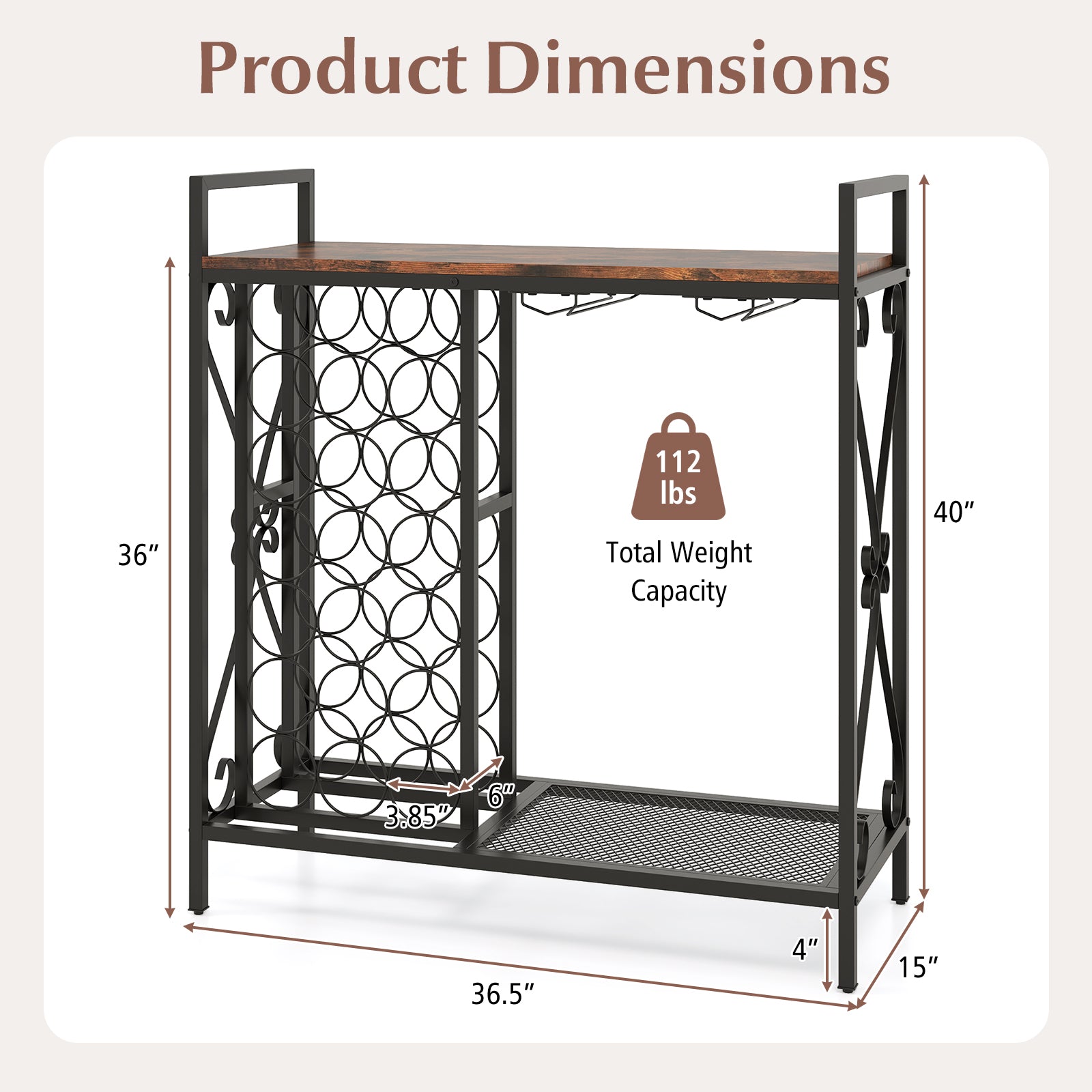 21 Bottle Wine Rack Freestanding Floor Wine Bottle Organizer with Glass Holder-Rustic Brown